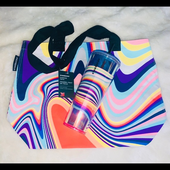 Starbucks 2pc Set Target Exclusive Rainbow Retro Swirl Wave Tumbler Cup & Tote - Picture 3 of 15
